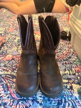 Justin Boots Brown Leather Western Work Boots with Purple Stitching